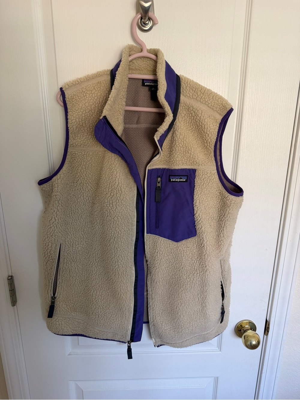 Patagonia Cream Sherpa Vest with Lavender Accents
